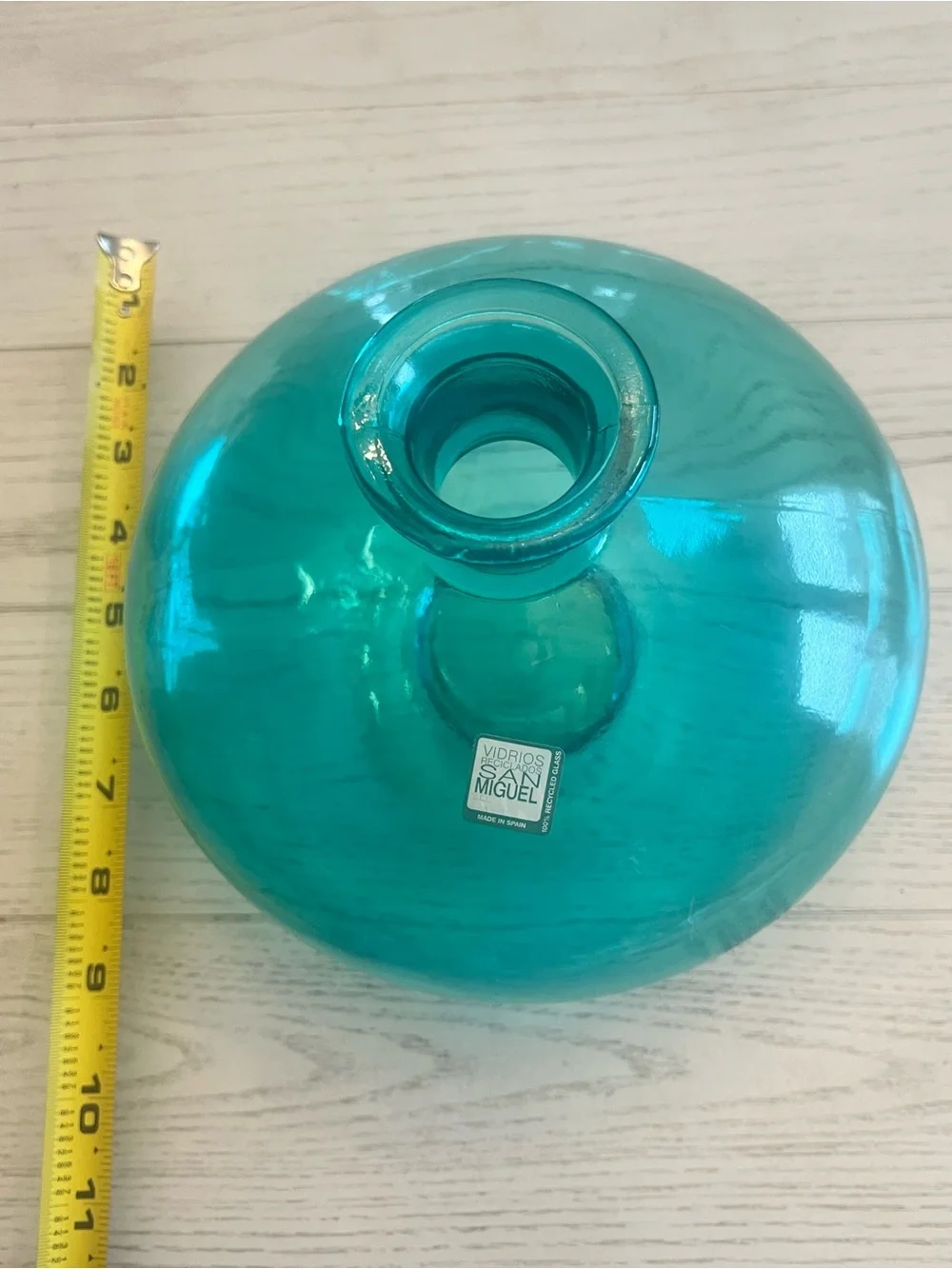 San Miguel Made in Spain Recycled Glass Round Flat Teal Vase- NWT!